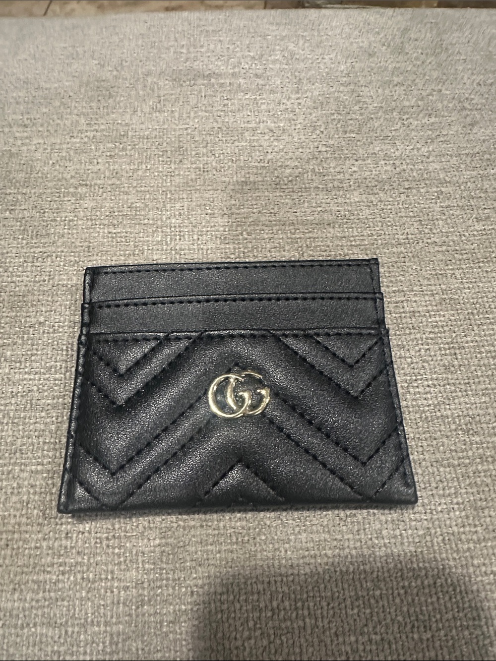 Black Quilted Leather Card Case with Gold GG Accent